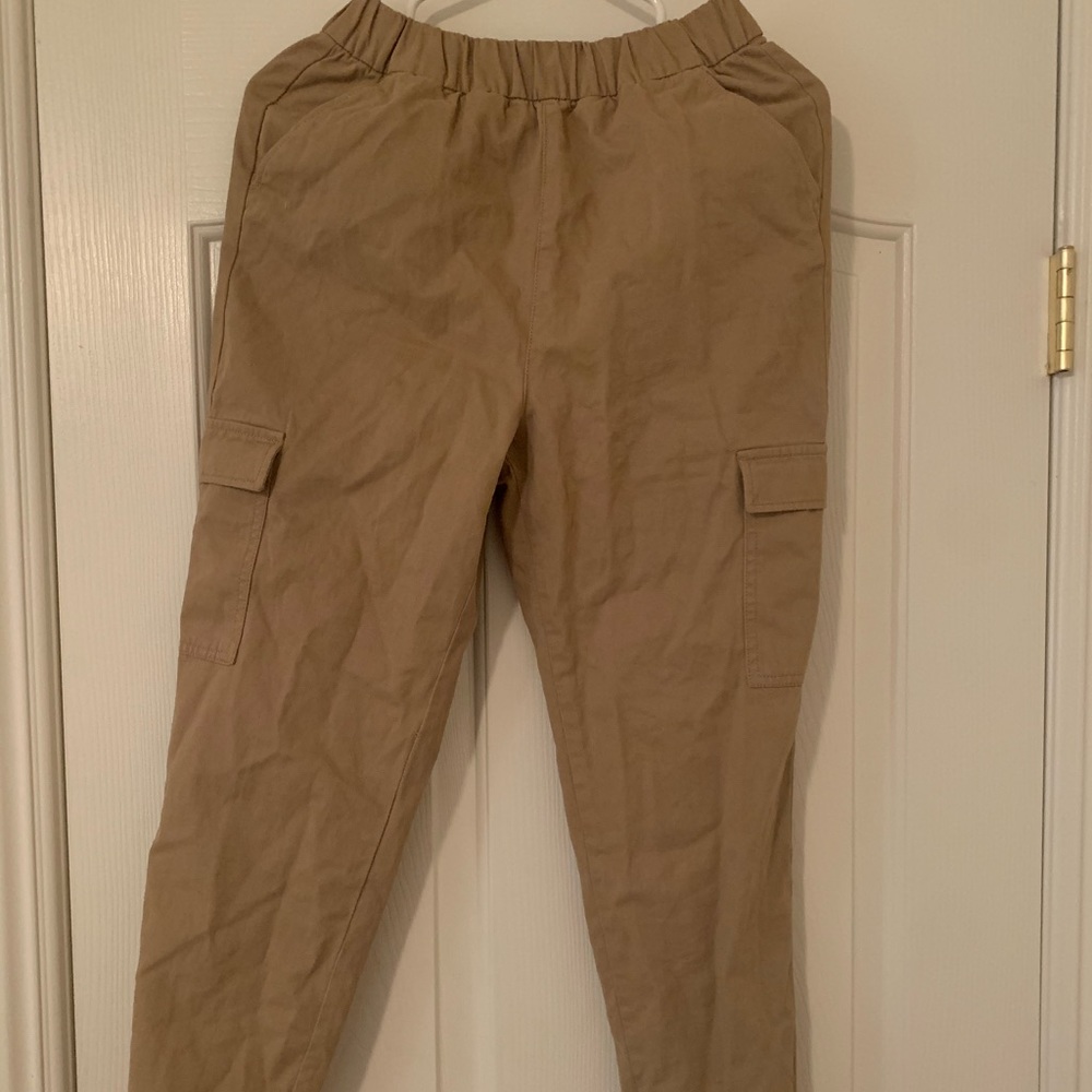 khaki joggers, loose fit, scrunched at bottom